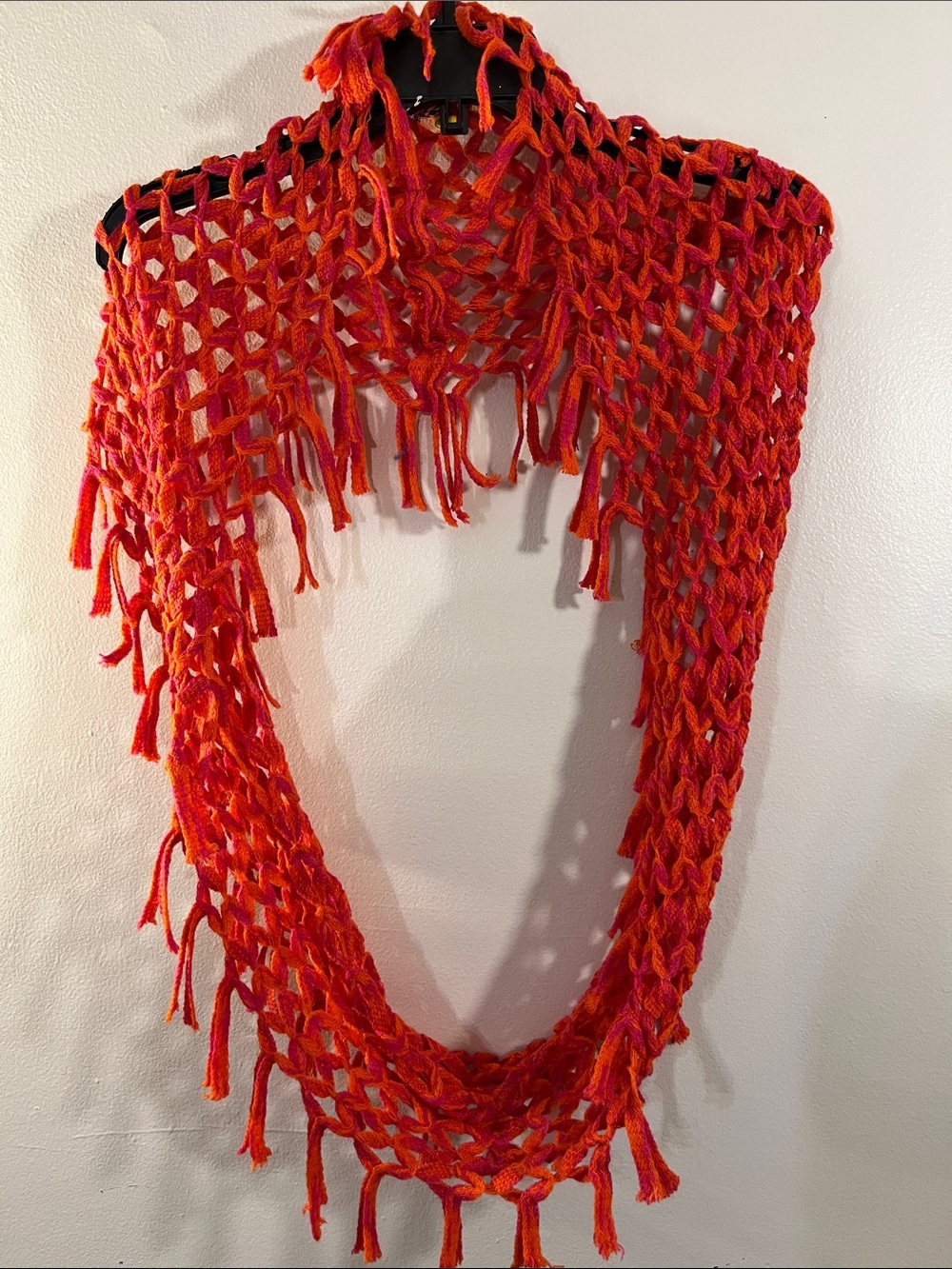 Handknit Kids Open-Weave Fringe Scarf - Bright Orange